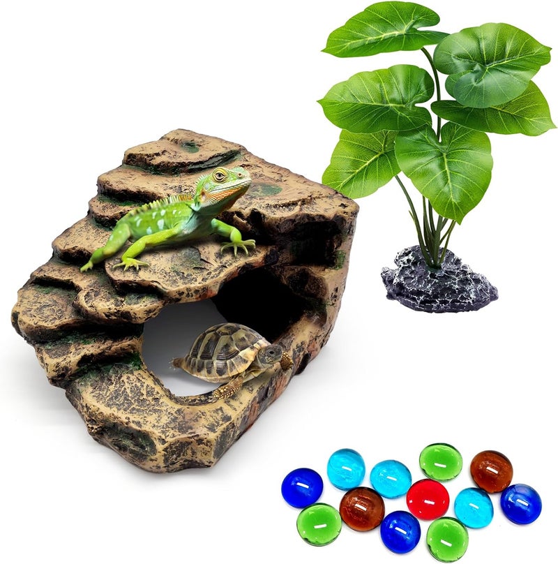 GOZILLA Small Reptile Accessories for Tank, Basking Platform Hideout, Bearded Dragon Hide and Cave Decor for Small Turtle,Snake and Lizard.(Brown-S-Kit) - Image 1